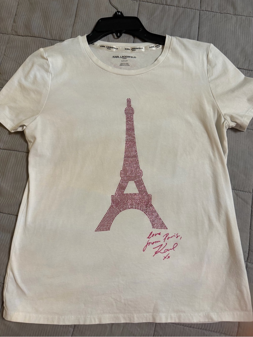 Karl Lagerfeld White Tee with Pink Eiffel Tower Graphic